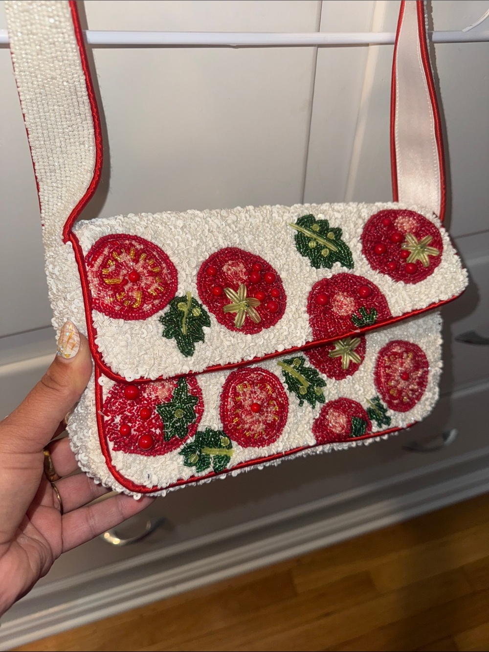 T.J.Maxx White Crossbody Bag with Red Beaded Tomato Motifs